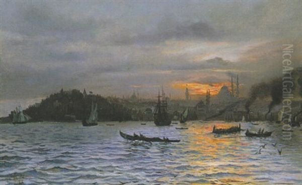 View Of Constantinople At Sunset Oil Painting by Harald-Adof-Nikolaj Jerichau