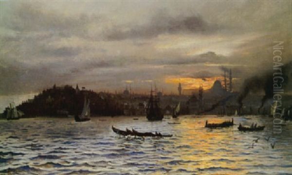 Voiliers Et Caiques Sur Le Bosphore Oil Painting by Harald-Adof-Nikolaj Jerichau