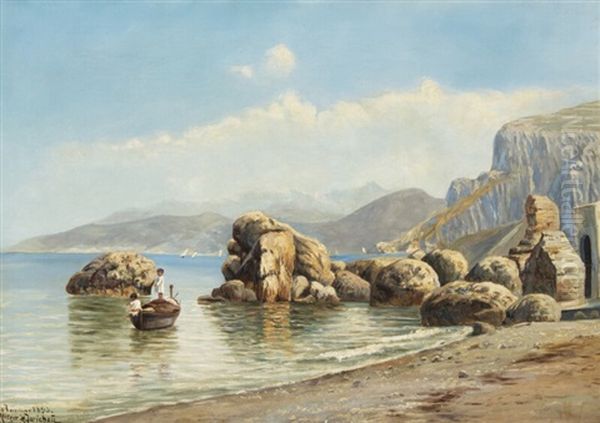 Scenery From The Gulf Of Naples With Boys Fishing Oil Painting by Holger Hvitfeldt Jerichau