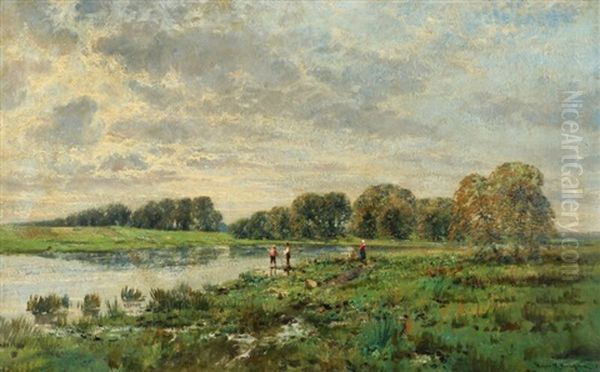 Summer Landscape With Angler At A Lake Oil Painting by Holger Hvitfeldt Jerichau