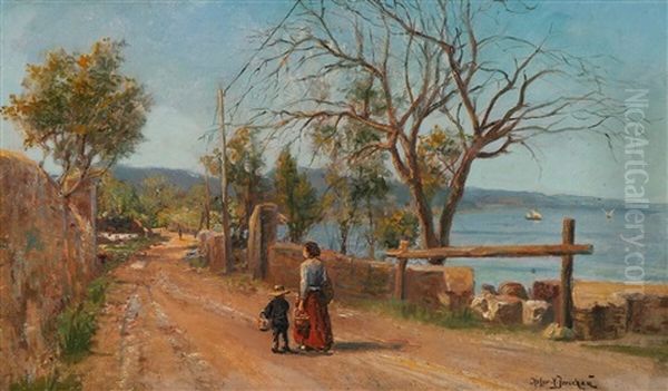 Italian Scene With Mother And Child Walking Along A Coastal Path Oil Painting by Holger Hvitfeldt Jerichau