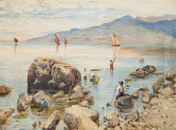 Fischerjungen In Der Bucht Capris Oil Painting by Holger Hvitfeldt Jerichau