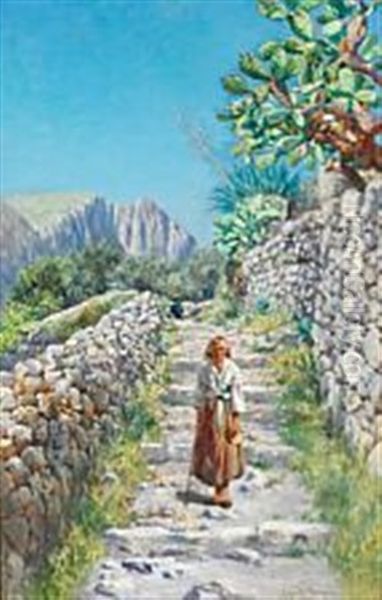 Summer Day In Capri With Peasant Woman On A Mountain Road Oil Painting by Holger Hvitfeldt Jerichau