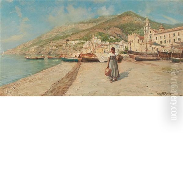 Water Carrier On The Beach At Capri Oil Painting by Holger Hvitfeldt Jerichau