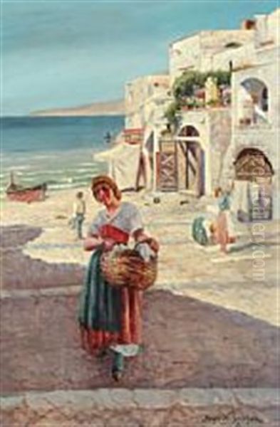 An Italian Costal Scenery Oil Painting by Holger Hvitfeldt Jerichau