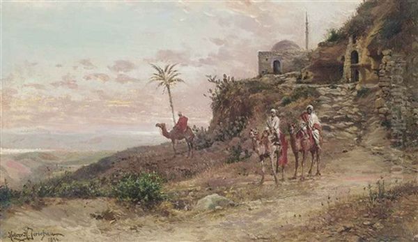 Arab Travellers On Camels At An Outlook Oil Painting by Holger Hvitfeldt Jerichau