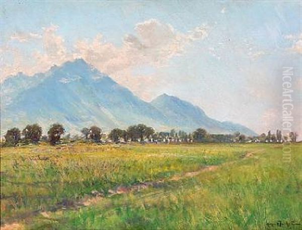 Landscape With Fields And Mountains In Italy Oil Painting by Holger Hvitfeldt Jerichau