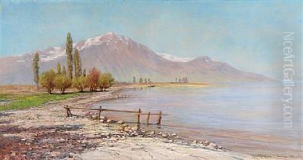 Scene From Villeneuve With A View Of Lac Leman And The Alps Oil Painting by Holger Hvitfeldt Jerichau