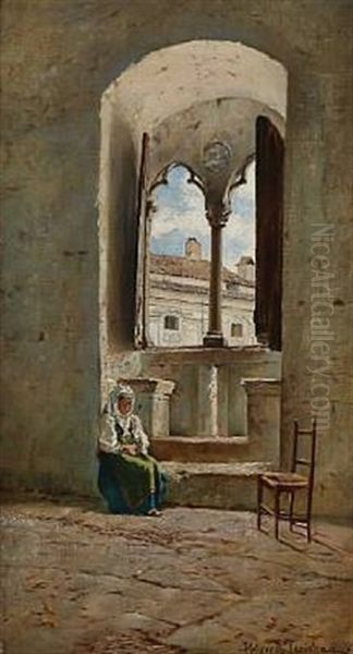 Interior Of An Italian Palazzo With A Girl Sitting By The Window Oil Painting by Holger Hvitfeldt Jerichau