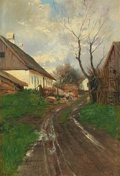 A Danish Village Street Scenery Fra Isterod Oil Painting by Holger Hvitfeldt Jerichau