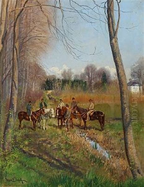 Autumn Day With Hunters On Horseback Oil Painting by Holger Hvitfeldt Jerichau