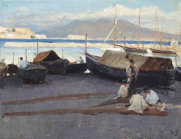 On The Shore, Vesuvius Beyond Oil Painting by Holger Hvitfeldt Jerichau