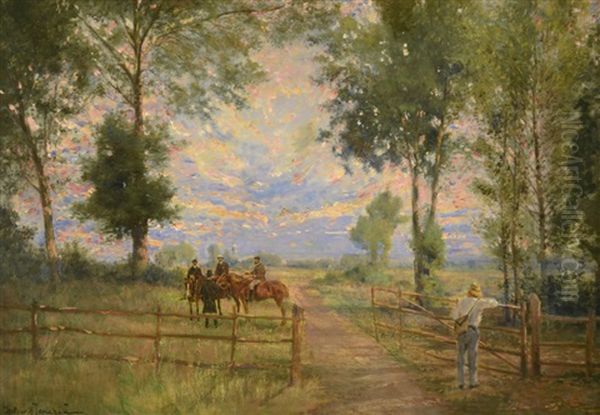 Pastoral Landscape With Three Men On Horseback Speaking With A Gentleman Wearing A Top Hat Oil Painting by Holger Hvitfeldt Jerichau