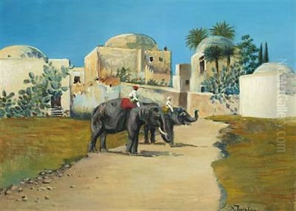 Oriental Scenery With Elephants And Men Outside A City Oil Painting by Holger Hvitfeldt Jerichau