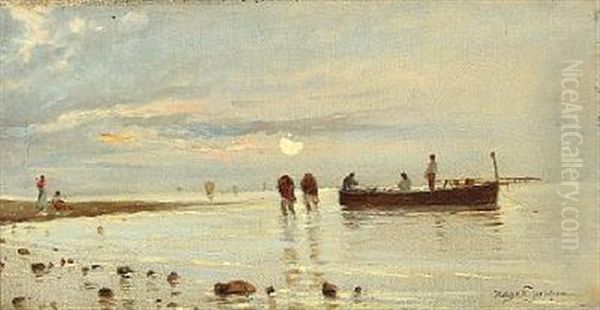 Coastal Scenery With Fishermen On The Beach Oil Painting by Holger Hvitfeldt Jerichau