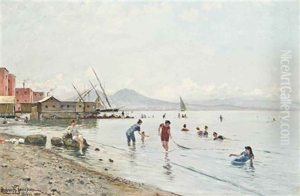 Bathers At Portici, Vesuvius Beyond Oil Painting by Holger Hvitfeldt Jerichau