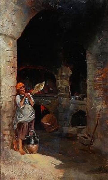 Interior Of Mediterranean Kitchen With A Girl Oil Painting by Holger Hvitfeldt Jerichau