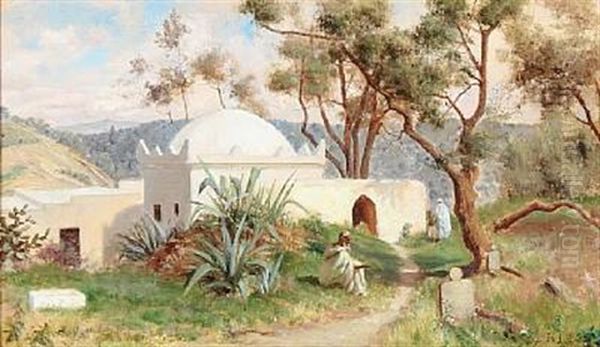 North African Landscape With Persons In Front Of A Church Oil Painting by Holger Hvitfeldt Jerichau