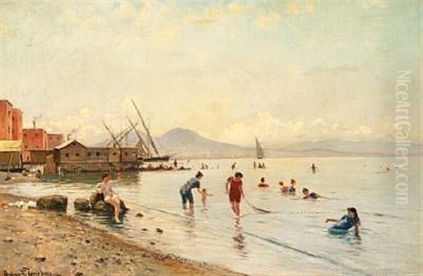 Women And Children On The Beach Of Portici Near Mount Vesuvius In The Bay Of Naples Oil Painting by Holger Hvitfeldt Jerichau