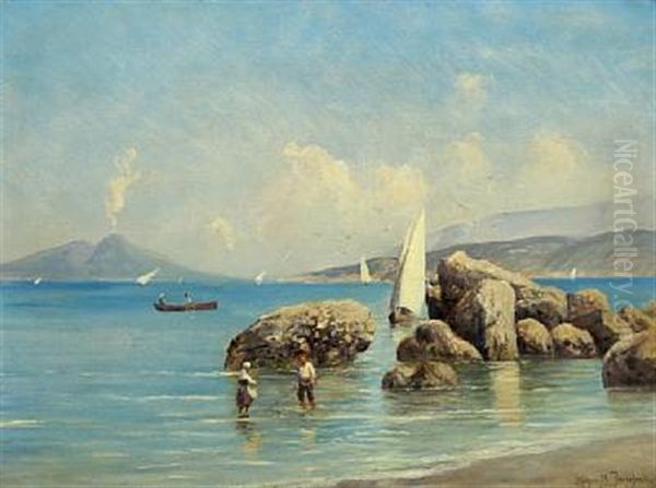 Italian Coastal Scenery With Fishing Children And Vesuv In The Background Oil Painting by Holger Hvitfeldt Jerichau