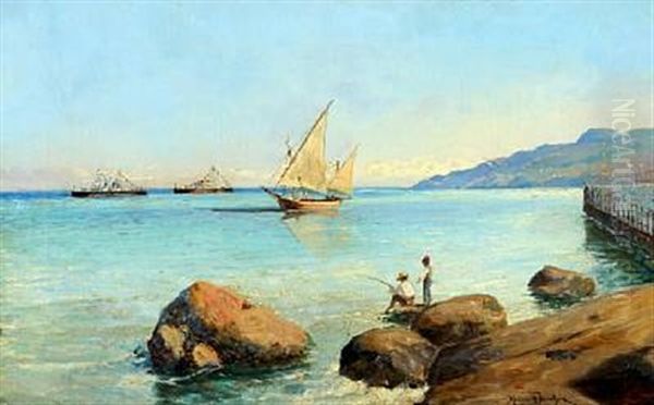 Sunny Italian Coastal Scenery With Boats And Fishing Man And Boy Oil Painting by Holger Hvitfeldt Jerichau