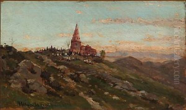 An Indian Landscape With A Temple And Hindus Oil Painting by Holger Hvitfeldt Jerichau