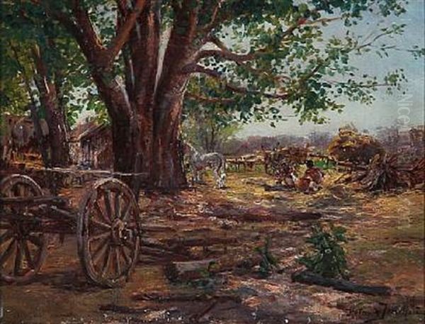 Scene From A Farm With Two People In Southern Europe Oil Painting by Holger Hvitfeldt Jerichau