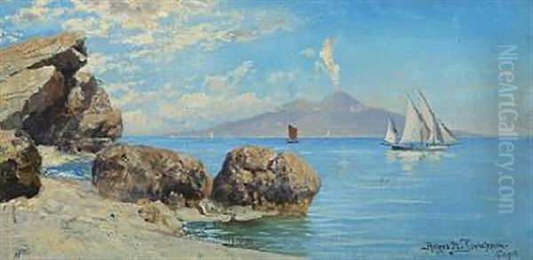 Coastal Scenery From Capri With The Smoking Vesuvius In The Background Oil Painting by Holger Hvitfeldt Jerichau