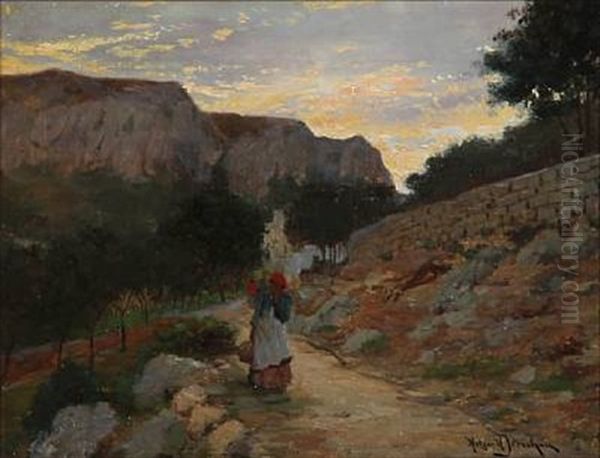 An Italian Woman On A Mountain Road At Evening Oil Painting by Holger Hvitfeldt Jerichau