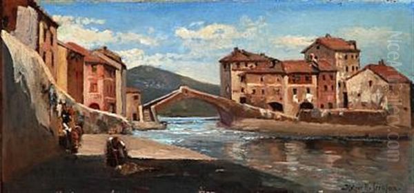 River Scape From Southern Europe Oil Painting by Holger Hvitfeldt Jerichau