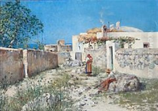 Young Couple With Their Child Outside A House, Presumably On Capri Oil Painting by Holger Hvitfeldt Jerichau