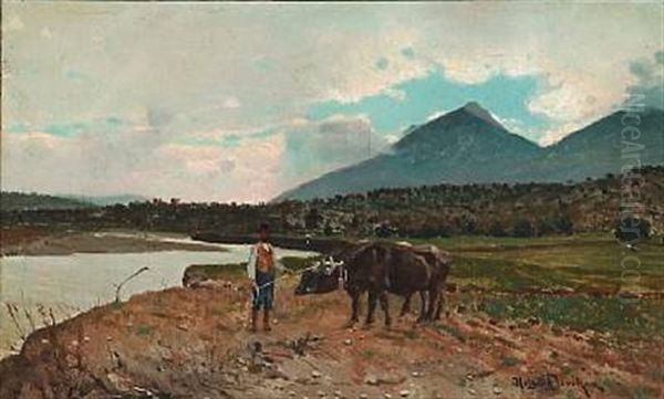 Landscape From Italy With A Peasant And Cattle Oil Painting by Holger Hvitfeldt Jerichau