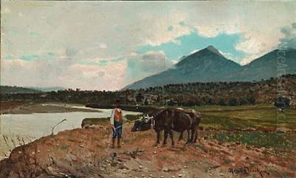 Landscape From Italy With A Peasant And Cattle Oil Painting by Holger Hvitfeldt Jerichau