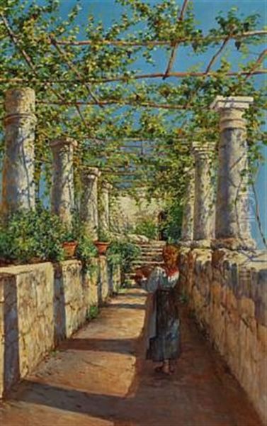 Harvesting The Grapes In The Pergola At Restituline Casa, Capri Oil Painting by Holger Hvitfeldt Jerichau