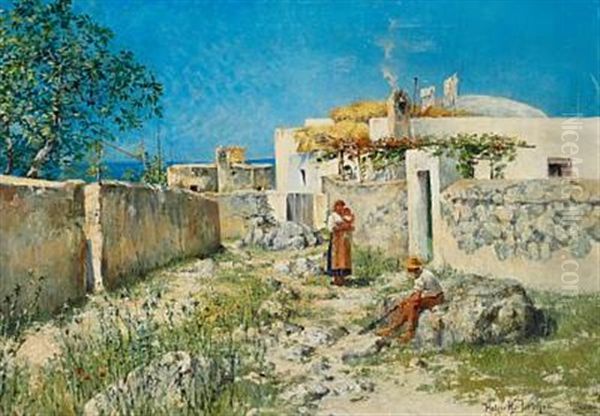 Young Couple With Their Child Outside A House (capri?) Oil Painting by Holger Hvitfeldt Jerichau