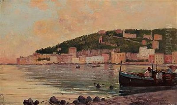 Coastal Scene From Posilipo In Italy With Fishermen On The Way Out In Their Rowboats Oil Painting by Holger Hvitfeldt Jerichau