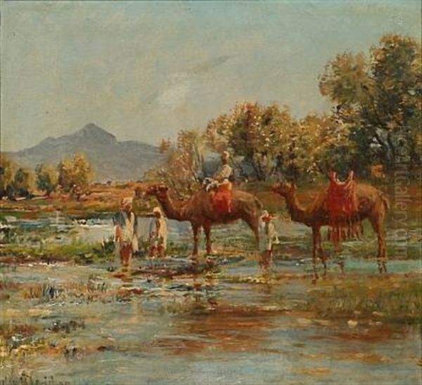 Bedouins With Camels At A River Oil Painting by Holger Hvitfeldt Jerichau