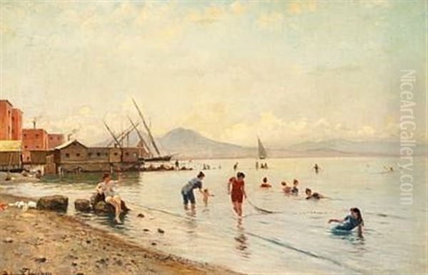 Women And Children On The Beach Of Portici At The Foot Of Mount Vesuvius In The Bay Of Naples Oil Painting by Holger Hvitfeldt Jerichau