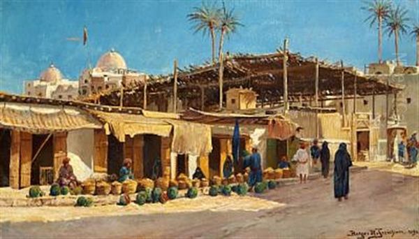 Street Scene In India With Men Selling Watermelons Oil Painting by Holger Hvitfeldt Jerichau