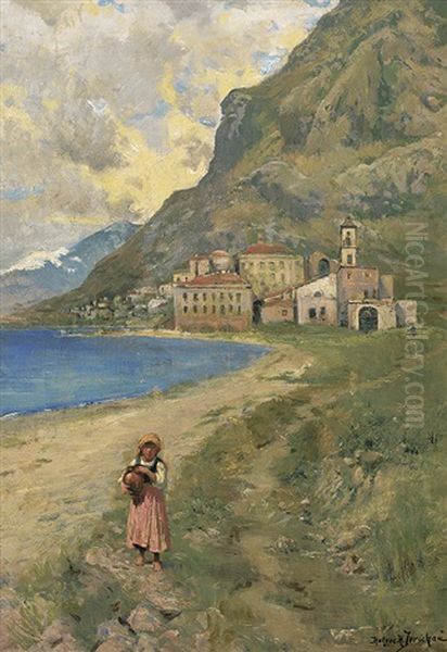 Fischerdorf An Der Ligurischen Kuste Oil Painting by Holger Hvitfeldt Jerichau