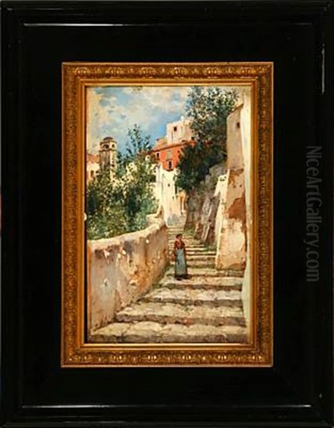 Italian Woman On A Staircase Oil Painting by Holger Hvitfeldt Jerichau