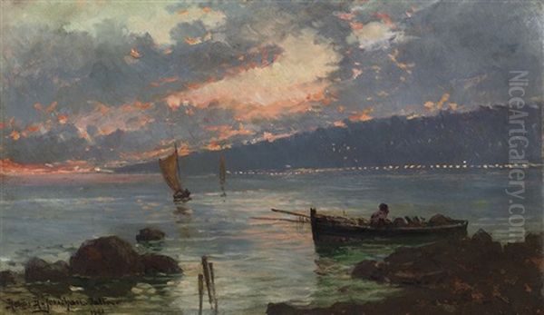 Sailing Boats At Twilight In Jalta, Ukraine Oil Painting by Holger Hvitfeldt Jerichau