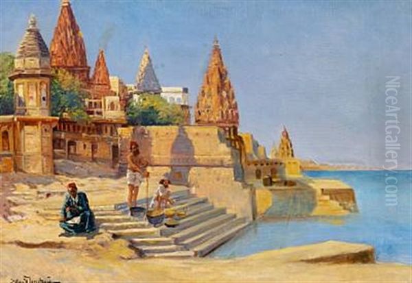 Riverside Temples In Varanasi, India Oil Painting by Holger Hvitfeldt Jerichau