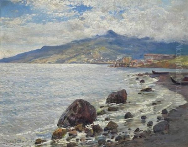 Kystparti Fra Jalta Pa Krim, I Forgrunden Optrukne Bade Pa Stranden, I Baggrunden Bebyggelse Og Bjergmassiv Oil Painting by Holger Hvitfeldt Jerichau