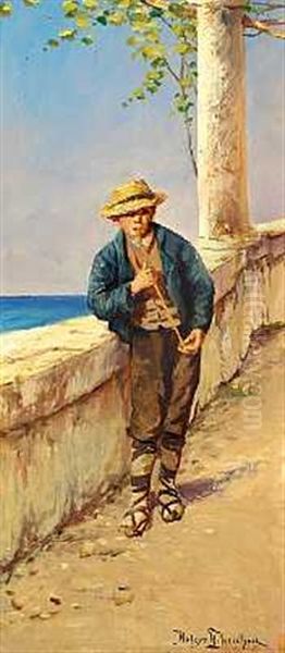 Piberygende Italiensk Dreng, I Baggrunden Skimtes Havet Oil Painting by Holger Hvitfeldt Jerichau