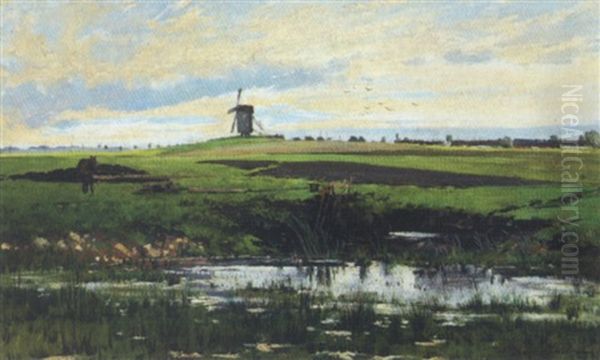 Fra En Torvemose Med En Stubmolle I Baggrunden Oil Painting by Holger Hvitfeldt Jerichau