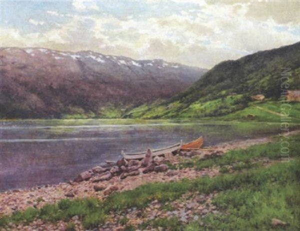 Norsk Fjordlandskab Med Optrukne Robade Oil Painting by Holger Hvitfeldt Jerichau