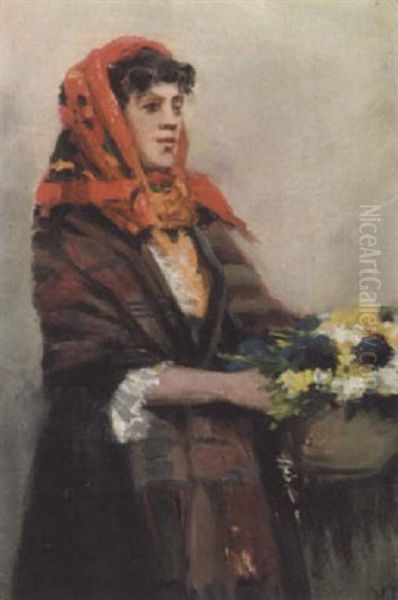 Italiensk Blomstersaelgerske Oil Painting by Holger Hvitfeldt Jerichau