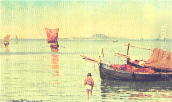 Udsigt Over Havet Med Sejlskibe, I Forgrunden Fiskerdreng, Italien Oil Painting by Holger Hvitfeldt Jerichau