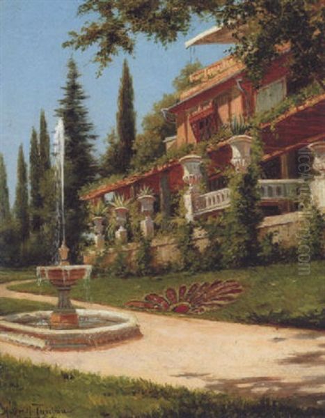 Sommerdag I En Italiensk Have Med Springvand, I Baggrunden Villa Oil Painting by Holger Hvitfeldt Jerichau